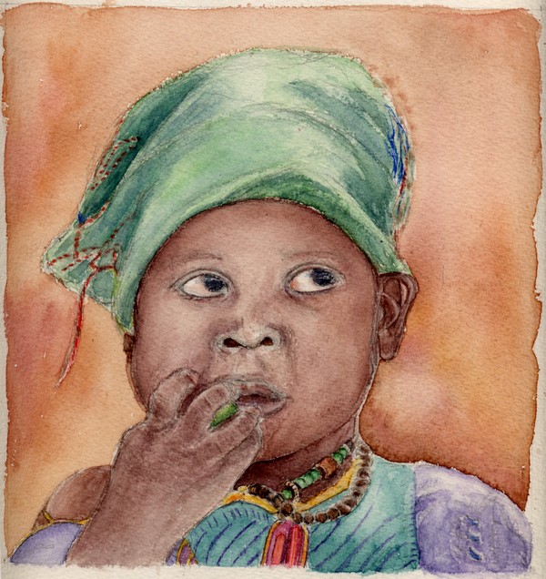 Visage d'enfant du Mali. Aquarelle. Copyright Christiane Rau, 2009-12