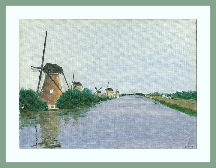 Moulins du Kinderdijk aux Pays-Bas - Huile © Christian Rau 1989