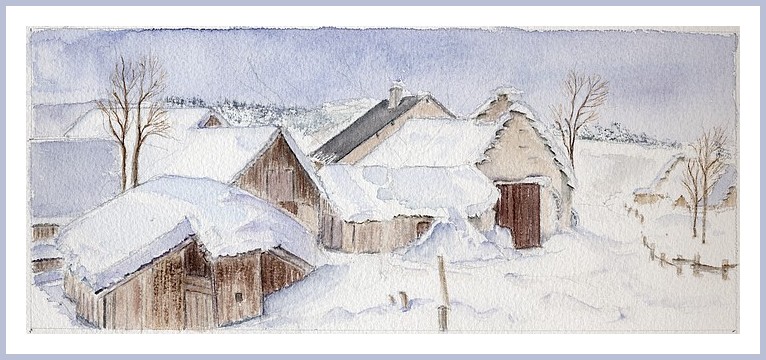 Le hameau des Clots sous la neige - Aquarelle Christiane Rau (Copyright) 2011-02 - d'après montage photos Christian Rau