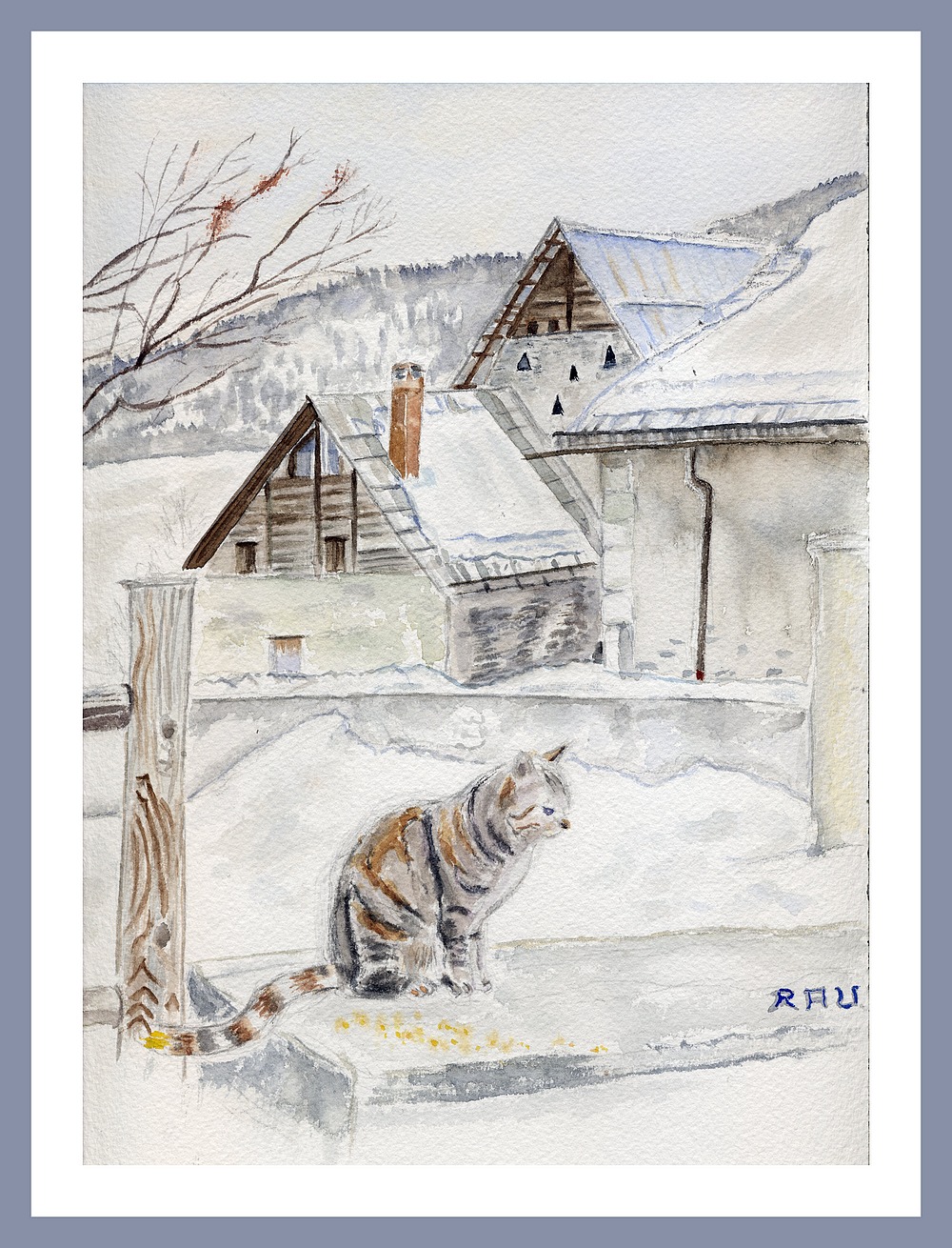 Le chat du Cristol - Névache Ville Haute - Aquarelle © Christiane Rau, février 2023