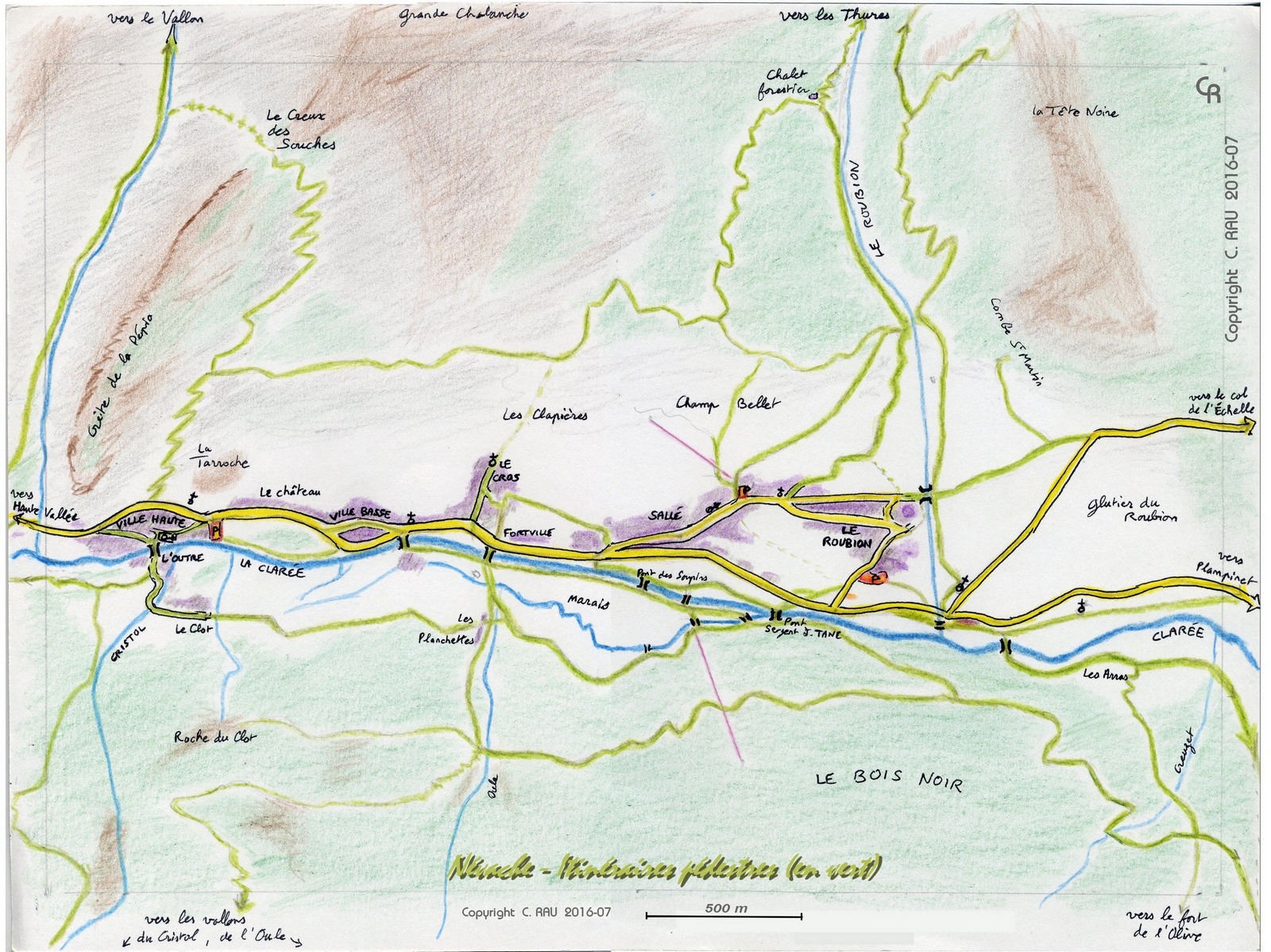 Carte des sentiers et chemins de Névache - Copyright C. Rau 07-2016