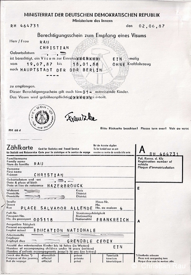 Visa obtenu pour notre séjour en RDA l'été 1987...