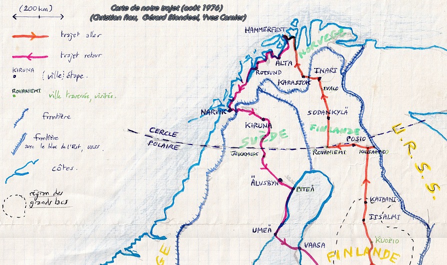 Carte de notre trajet traversant la Laponie, août 1976 - CR