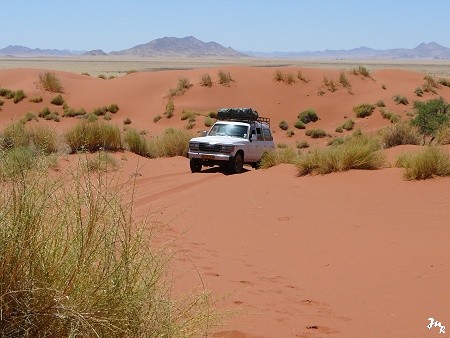 Difficile progression d'un 4x4 lors de la traversée de dunes rouges dans le Namib
