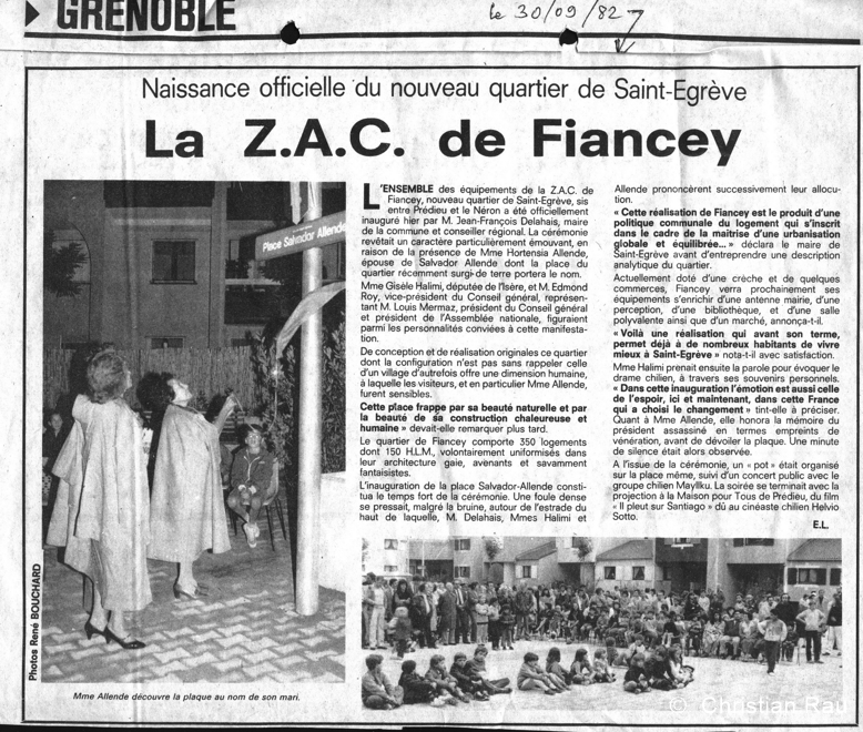 Inauguration, place Allende, en 1981.  Mme Allende dévoile la plaque en mémoire de son mari... (Article du Dauphiné Libéré)e Allende dévoile la plaque e